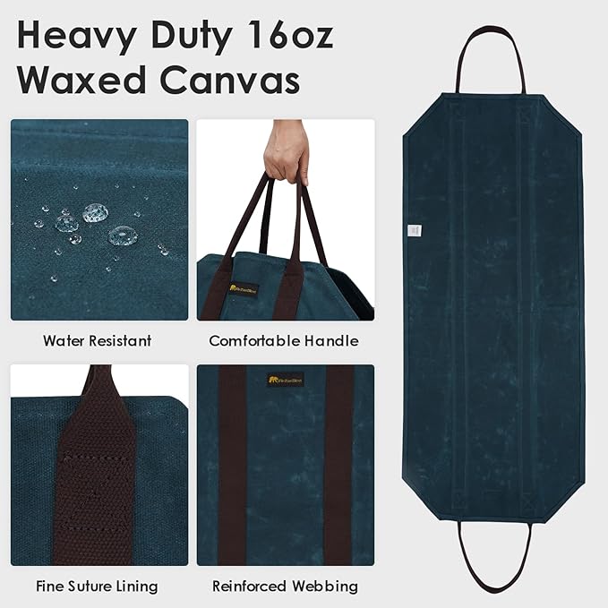 Sturdy Waxed Canvas Firewood Log Carrier, Durable Firepalce Wood Bag with Reinforce Duty Straps, BlueGreen