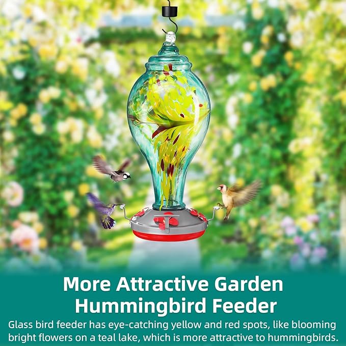 36 oz Hummingbird Feeder for Outdoors Hanging Ant Proof, Stunning Glass Bird Feeder-Leak Proof&All Weather Use, with Hook&Rope&Brush, Outside Garden Yard Window Patio Decor
