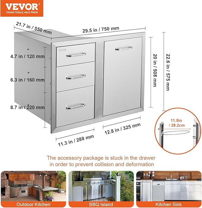 VEVOR Outdoor Kitchen Door Drawer Combo 29.5"W x 22.6"H x 21.7"D, Access Door/Triple Drawers with Propane Drawer and Adjustable Garbage Ring, Perfect for BBQ Island Patio Grill Station