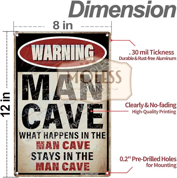 'What Happens Here, Stays Here!' Funny Man Cave Decor for Men | 12x8″ Durable Vintage Metal Man Cave Signs Wall Decorations for Basement/Garage/Mancave, 2357