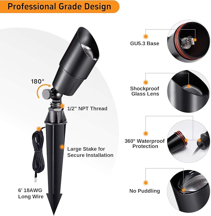 Spot Light Brass - Outdoor Landscape Spotlights 12V, LED Low Voltage Landscaping Uplights, All Weather Hard-Wired Black for Backyard Lawn with Day Light Changeable Bulbs (8 Pack)