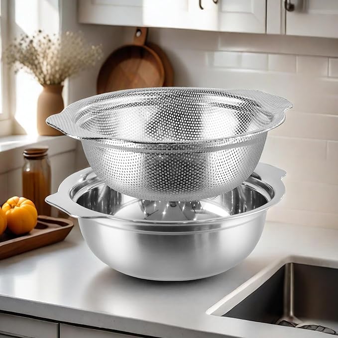 Stainless Steel Colander for Kitchen, 2.5QT Rice Washer Strainer with Mixing Bowl, Colander Bowl Set with Microporous for Washing Rice, Pasta, Spaghetti, Fruits, Dishwasher Safe(2PC)