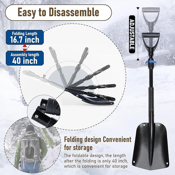 40" Folding Emergency Snow Shovel for Car, Black Aluminum Multi-purpose Shovel with Comfortable D-Grip Handle