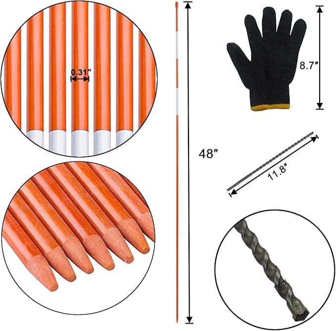 Sunnyglade 50PCS 48 Inch Driveway Marker Set 5/16 Inch Dia Fiberglass Reflective Snow Stakes with Steel Drill Bit & Protection Gloves for Parking Lots, Walkways(50, 5/16 Inch)