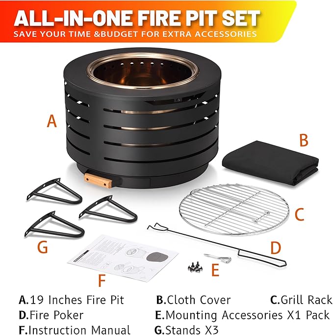 Portable Outdoor Fire Pit Set, 19 Inch Stainless Steel, Silver, Classic Style, Wood Burning, Low Smoke, Includes Fire Poker, Stand, Cloth Cover, Grill Rack