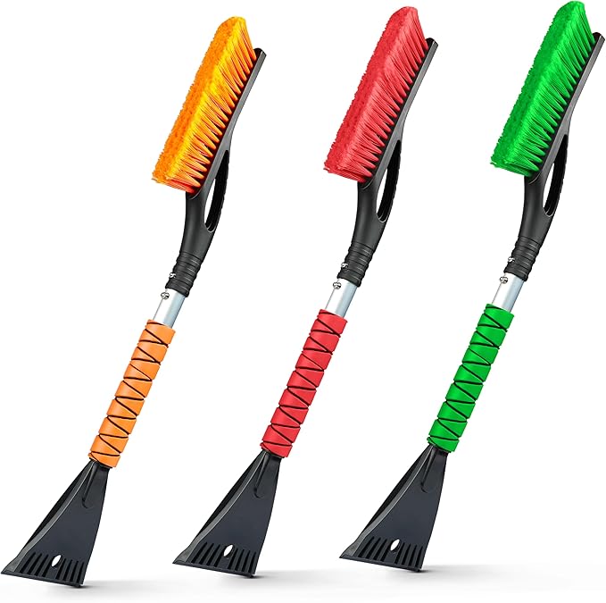 EcoNour 27" Aluminum Snow Brush with Ice Scrapers for Car Windshield and Window | Car Snow Scraper and Brush with Ergonomic Foam Grip Winter Accessories (Orange, Red, Green) (3 Pack)
