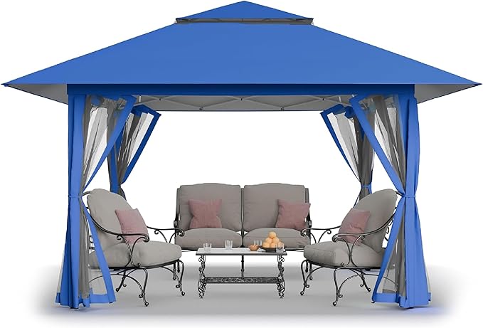 CROWN SHADES 13x13 Pop Up Gazebo, Canopy Tent, Gazebos on Clearance - Outdoor Gazebo for Backyard & Patio Furniture - Carpa Pop Up Tent with Wheeled STO-N-Go Cover Bag (Blue)