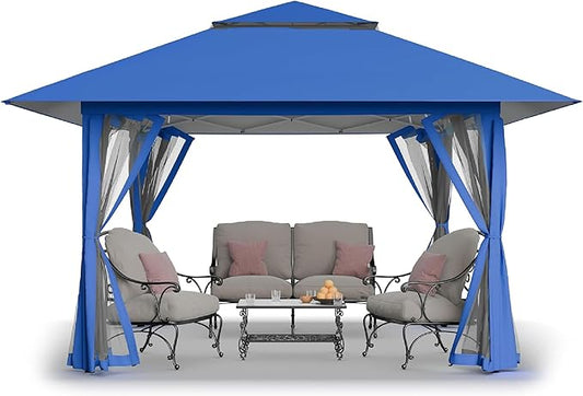 CROWN SHADES 13x13 Pop Up Gazebo, Canopy Tent, Gazebos on Clearance - Outdoor Gazebo for Backyard & Patio Furniture - Carpa Pop Up Tent with Wheeled STO-N-Go Cover Bag (Blue)