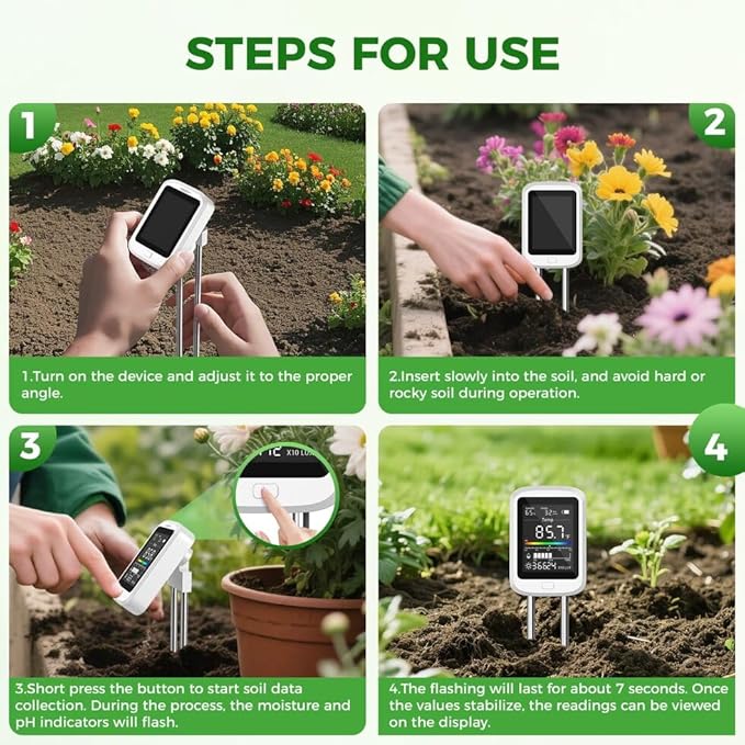 6-in-1 Soil Test Kit for Gardening Deals, 2025 Rechargeable Digital pH Meter/Temperature/Sunlight/Fertility/Environmental and Soil Moisture Meter with LCD Display for Indoor/Outdoor Plants