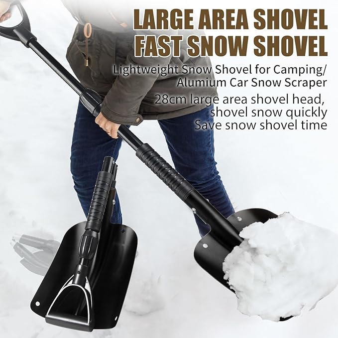 40" Folding Emergency Snow Shovel for Car, Black Aluminum Multi-purpose Shovel with Comfortable D-Grip Handle