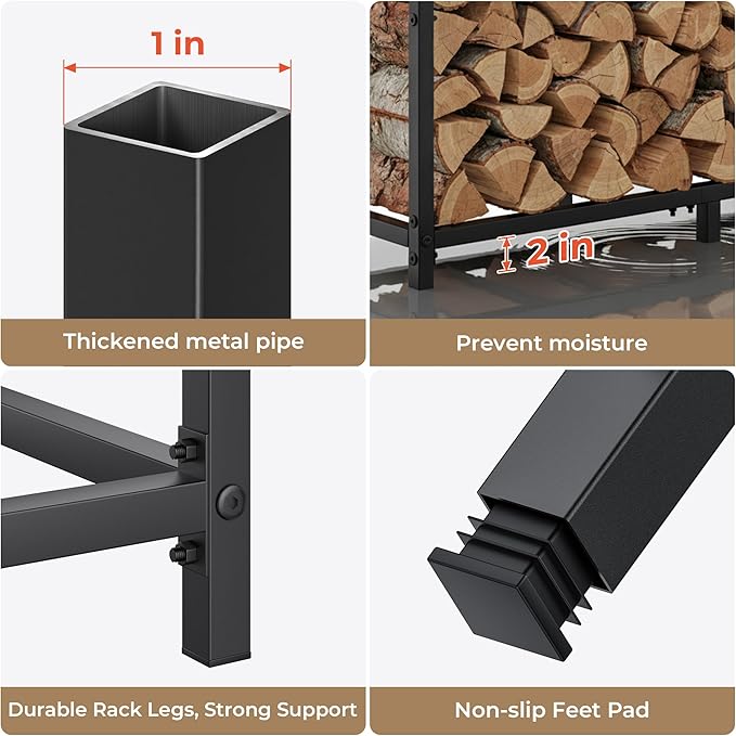 34 Inch Firewood Rack Outdoor with Log Carrier Bag, Indoor Fire Wood Holder, Metal Heavy Duty Log Holder, Rustproof Firewood Storage Tool for Fireplace Patio Deck