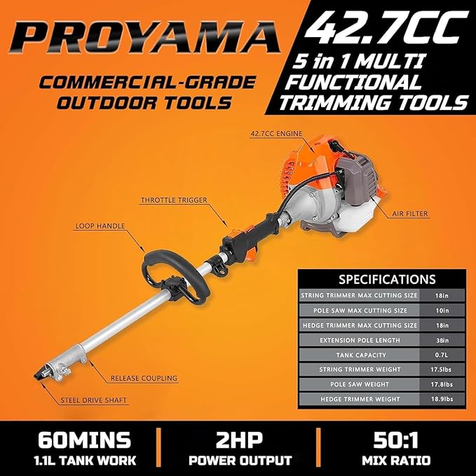PROYAMA Powerful 42.7cc 5 in 1 Multi Functional Trimming Tools,Gas Hedge Trimmer,Weed Eater,String Trimmer, Brush Cutter,Pole Saw with Extension Pole