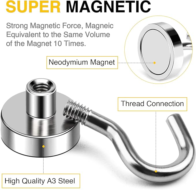 DIYMAG Magnetic Hooks for Hanging Cubicle Accessories, 30lbs 2025 Cruise Cabin Ship Essentials N52 Magnetic Hook Heavy Duty Strong Magnets Fridge for Classroom Beach Kitchen Grills 10 Pack Silver