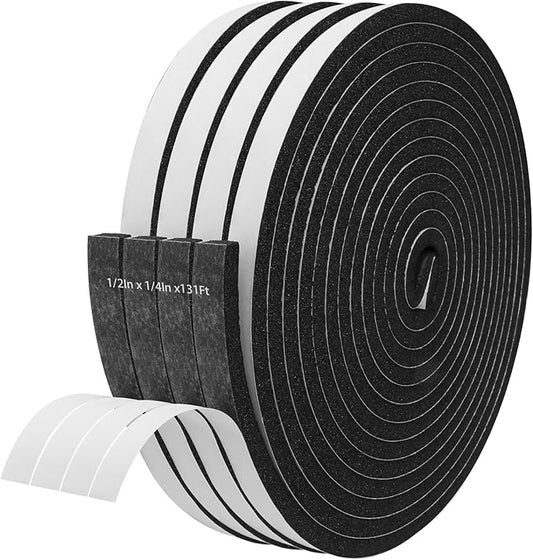 Storystore Foam Insulation Tape Self Adhesive, 1/2In x 1/4In x131Ft Weather Stripping for Doors and Windows, Sound Proof Soundproofing Door Seal, Weatherstrip, Air Conditioning Seal Strip