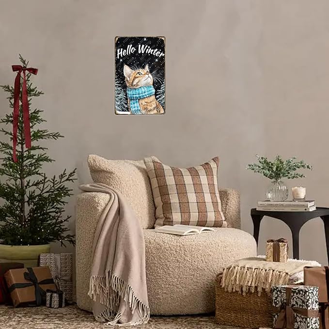 Hello Winter Cat Metal Signs Pine Trees Snowflakes Tin Signs Aluminum Sign for Home Farmhouse Office Outdoor Kitchen 12×8 Inch