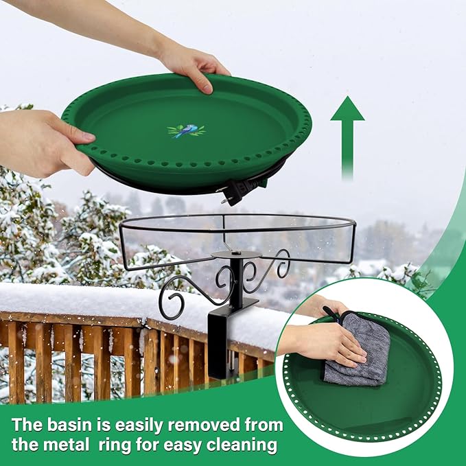 Lovppy Heated Bird Bath for Deck Railing, 100W Thermostatically Controlled Heated Bird Baths for Outdoors Bird Bath Heater, Heated Birdbath for Outside Winter Garden Patio Yard(Green)