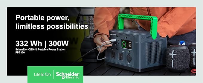Schneider OffGrid Portable Power Station 300W, PPS330, Lightweight 332Wh Solar Generator: 2 AC Outlets, 60W USB-C PD Output, Wireless Charging, LED Light, for Camping, RV, Home Backup