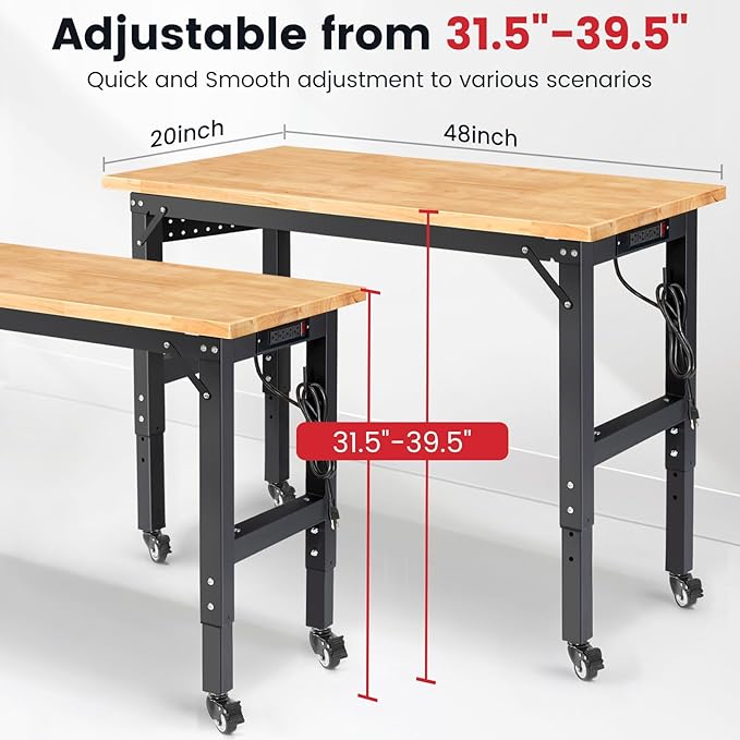 Workbench for Garage 48 Inch Work Bench with Wheels Adjustable Height Work Bench with Pegboard, Power Outlets for Woodworking, Home, Office, Workshop