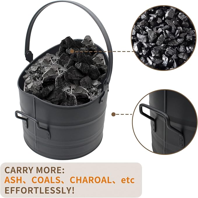 Poofzy Ash Bucket - 2.6 Gallon Metal Ash Bucket, Includes Shovel, Broom and Gloves for Wood Stove, Fireplace and Fire Pit