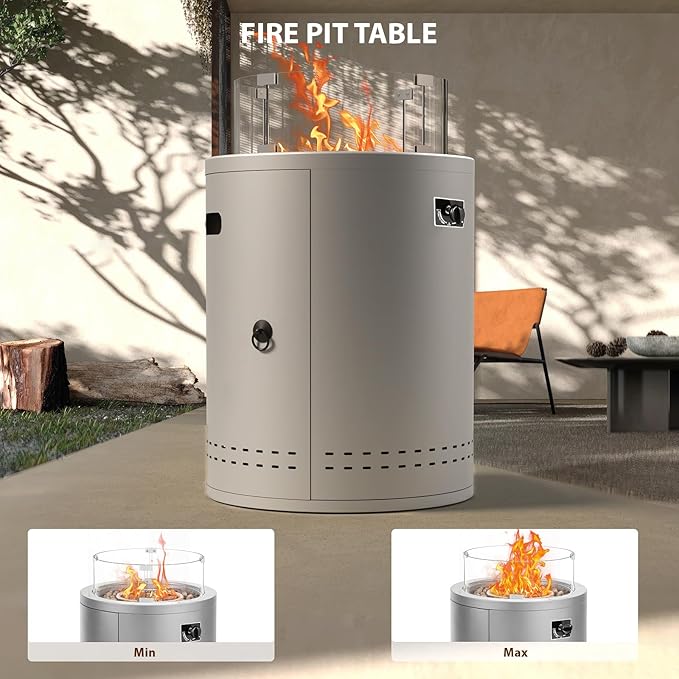 Fire Pit Propane Smokeless 20" Fire Pit Outdoor Patio Fireplaces,50000 BTU Portable Round Fire Pit with Lava Rocks Glass Wind Guard Protective Cover for Outside Camping Garden Balcony