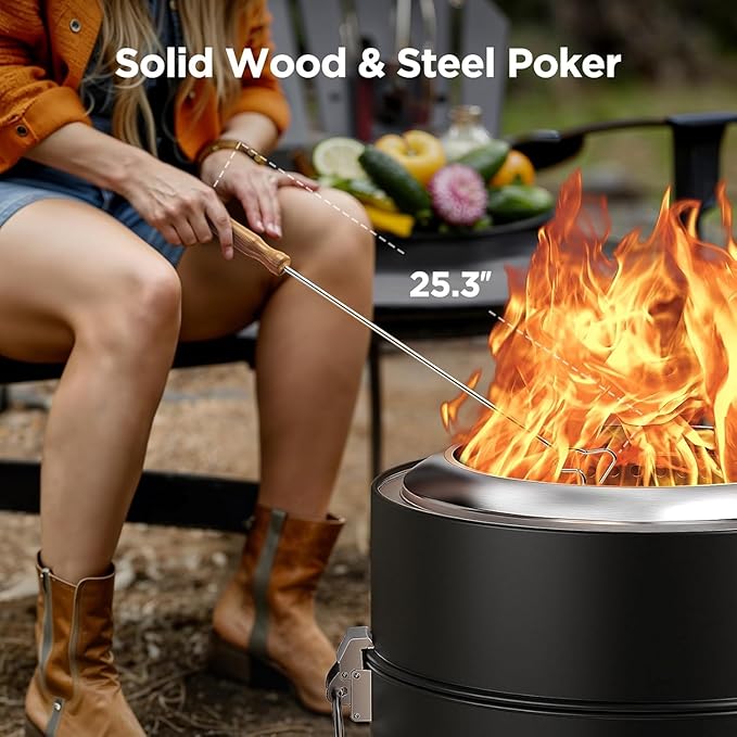Ciays Smokeless Firepit for Outside, 21 Inch Outdoor Fire Pit for Camping with Patented Technology, Portable Fire Pit with Steel Grill Rack, Fire Poker, and Bag, Easy Setup and Storage, Wood Burning