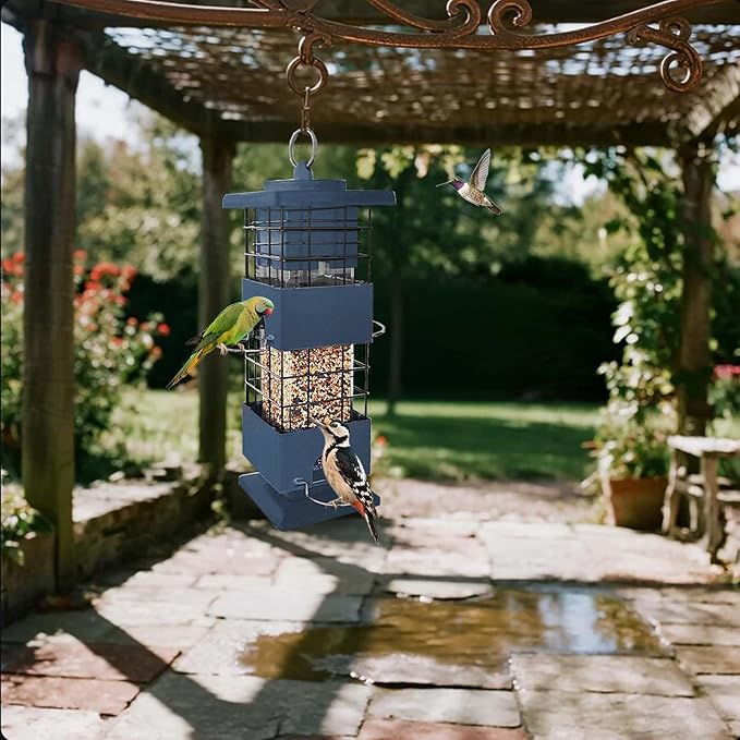 Squirrel Proof Bird Feeder for Outdoors,3Lbs Metal Birdfeeders Squirrel Proof with 4 Feeding Ports for Outside, Birds Seed Feeder for Cardinal, Finch, Sparrow,Bluejay (Blue)