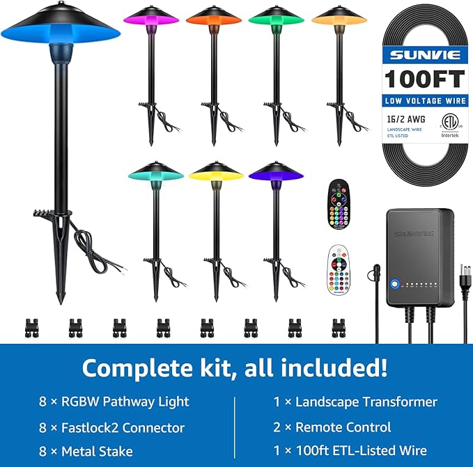 SUNVIE All-in-One RGBW Landscape Lighting Kit, 8 Pack Color Changing Low Voltage Landscape Lights with Connector Transformer 100FT Wire, 3W Multi-Color Pathway Lights for Holiday Walkway Garden Yard