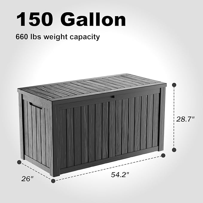 DRATO 150 Gallon Outdoor Storage Box, Large Waterproof Deck Box, Lockable Resin Storage Container with Reinforced Support for Patio Cushions, Garden Tools, UV-Resistant Outdoor Chest(Black)