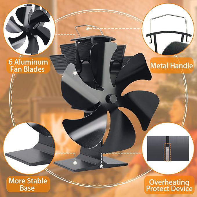Tomersun Wood Stove Fan Heat Powered Stove Fan Heater Fireplace Fan for/Pellet/Wood Burner/Fireplace, with Thermometer