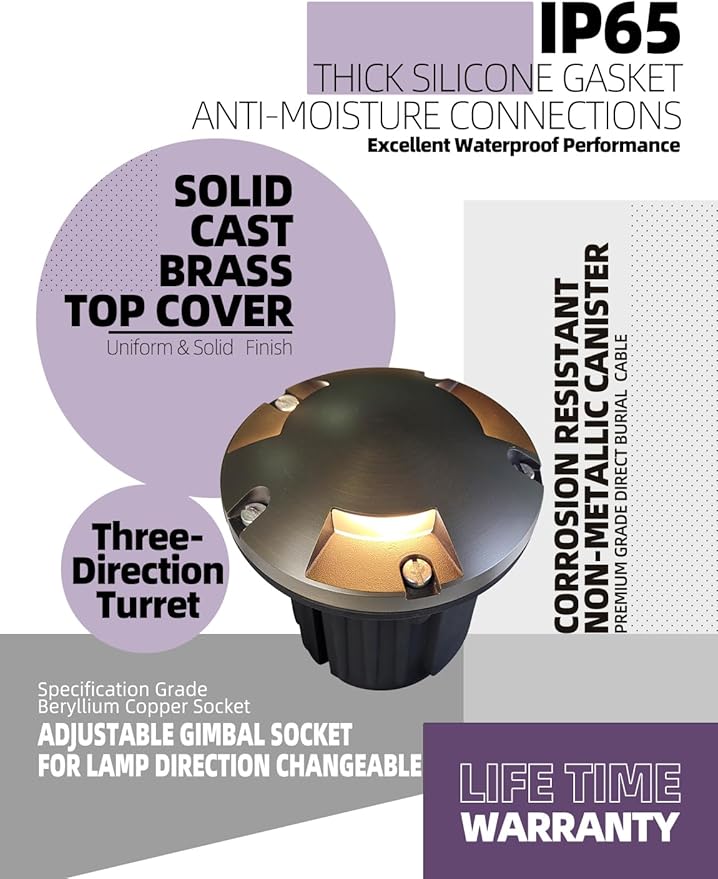 MALORY Brass Top Cover Landscape Well Lights,(5‘’H 12V Low Voltage Outdoor In Ground Lights,Landscape Lighting for Pathway, Driveway and Garden (Three-Direction Turret, 4-Pack with Bulb)