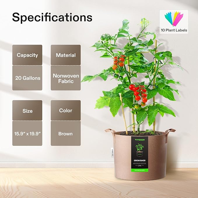 VIVOSUN 5-Pack 20 Gallons Grow Bags Heavy Duty Thickened Nonwoven Fabric Pots with Strap Handles Tan
