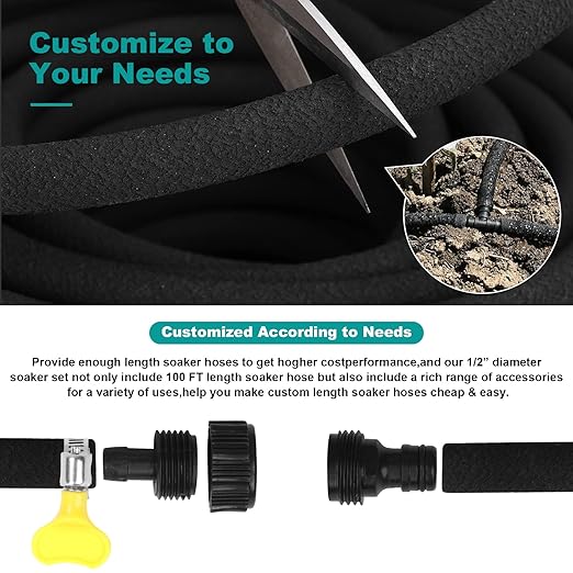 100 FT Soaker Hose 1/2" Heavy Duty Garden Hose to Save 70% Water Drip Irrigation Kit for Lawn/Yard Landscaping Beds (100FT)