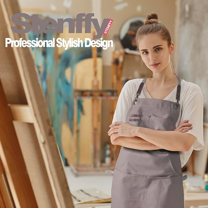 10 Pack Kitchen Aprons, Work Apron, Canvas, Multiple Pockets, Gardening, Painting, BBQ, Artist, Carpenter, Sizes M to XXL, Grey