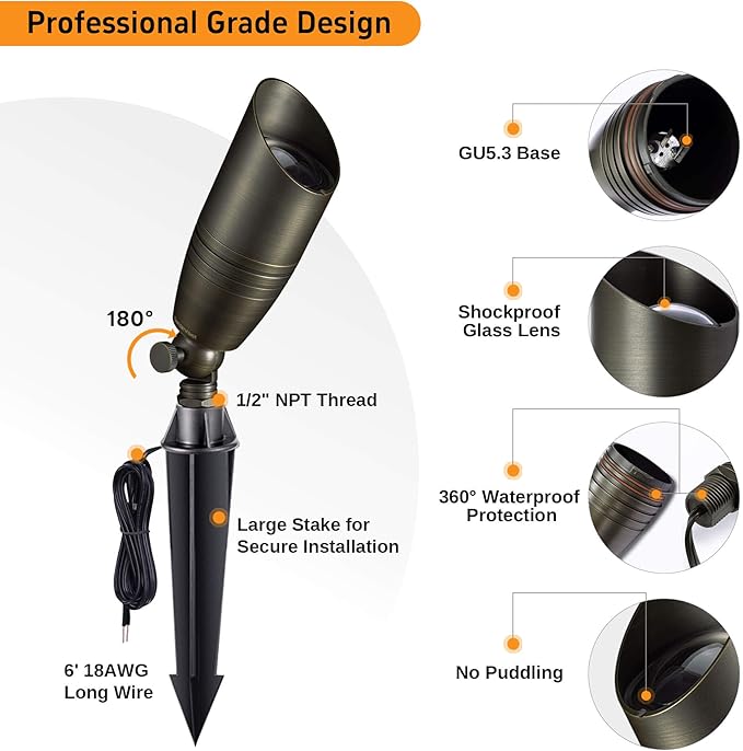 Spot Light Brass - Outdoor Landscape Spotlights LED, 12V Low Voltage Landscaping Uplights Bright, Hard-Wired All Weather Bronze for Backyard Lawn with No Bulbs (8 Pack)