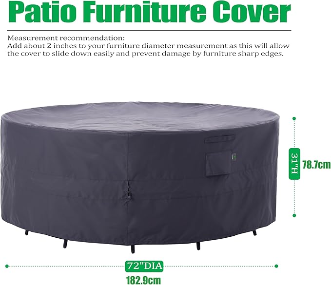 F&J Outdoors Patio Furniture Covers, Heavy Duty Tear Resistant Waterproof UV Resistant Windproof Outdoor Furniture Cover, Grey, 72" Dia x 31" H