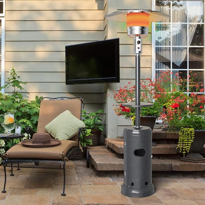 Tangkula 50,000 BTU Propane Patio Heater with Wheels, Outdoor Heaters for Patio with Shelf Tabletop, Stainless Steel Burner, Auto Shut Off & Tip-Over Protection, Portable Patio Heaters for Outdoor Use