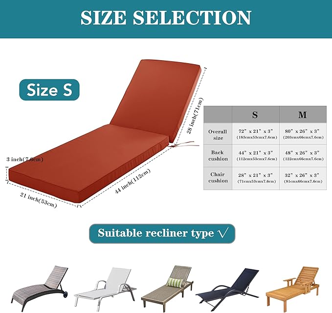 Outdoor Chaise Lounge Cushion Set of 2, Fadesafe Water-Repellent Lounge Deck Reclining Chair Cushions for Patio Furniture Lawn Pool Resort Hotel, 80x26x3 Inch, Rust