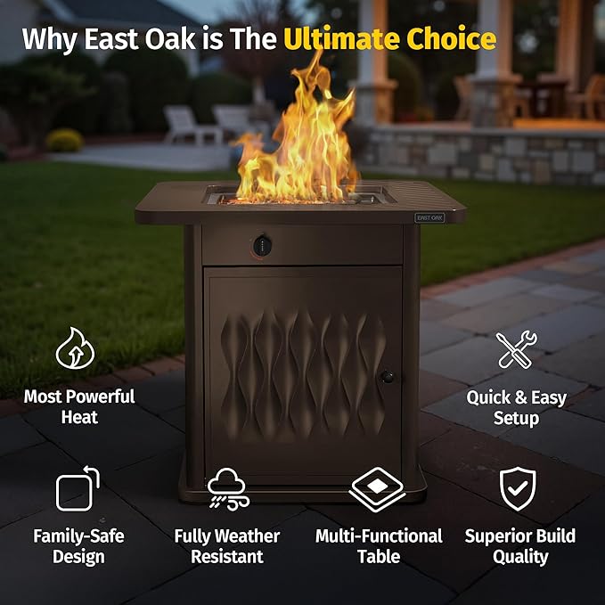 EAST OAK 28" Outdoor Propane Fire Pit Table | 50,000 BTU Gas Fire Pit Table for Outside with Magnetic Lid | Storage Basket & Lava Rocks | CSA Certified for Patio, Garden & Backyard | Brown