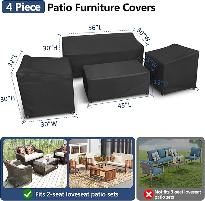 STARTWO Outdoor Furniture Cover Waterproof, 4 Piece Patio Furniture Set Cover for Outside Couch, Lawn Chairs, Coffee Table, Windproof with Buckle Strap, Black