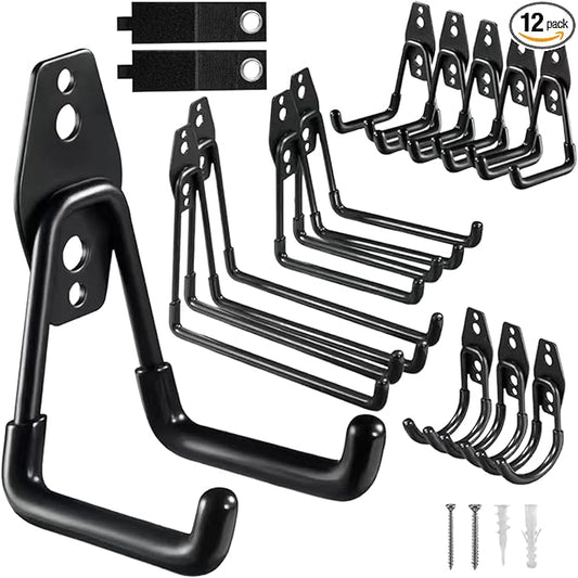 Garage Hooks, 12 Pack Wall Hooks for Hanging Heavy Duty Ladders, Bikes, Tools Ideal for Garage, Garden, Basement Utility Room Storage (Black)
