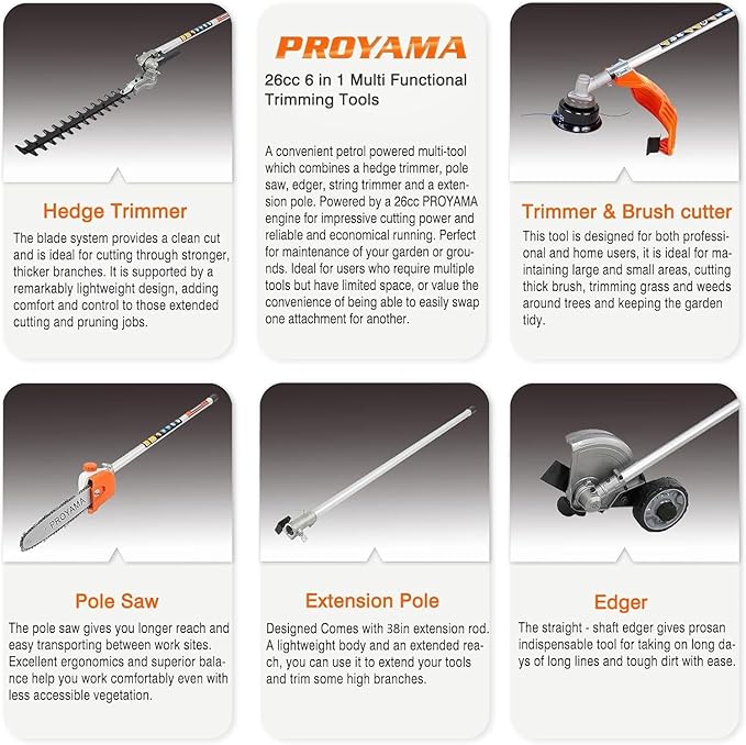 PROYAMA 26cc 6 in 1 Multi Functional Trimming Tools, Gas Hedge Trimmer, Weed Eater, String Trimmer, Brush Cutter, Edger, Pole Saw Chainsaw Pruner with Extension Pole