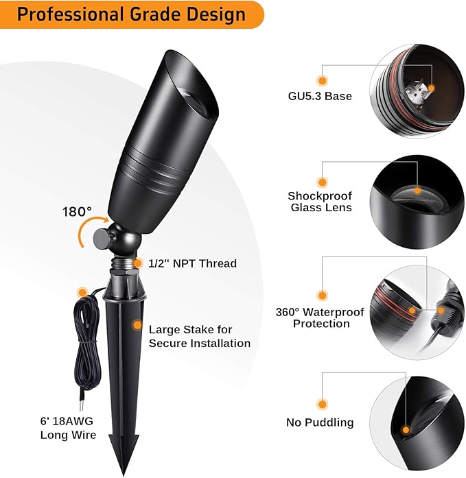 Spot Light Brass - Outdoor Landscape Spotlights LED, 12V Low Voltage Landscaping Uplights, Hard-Wired All Weather Black for Backyard Lawn with Cold White Changeable Bulbs (8 Pack)