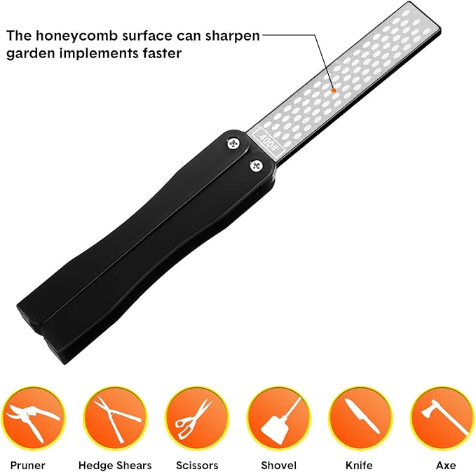 2 Pack Garden Tool Sharpener, Folding Pocket Diamond Knife Sharpener 400/600 Grit Double-Sided Scissor, Pruners, Loppers or Blade Sharpening Stone for Garden Outdoor Camping Kitchen