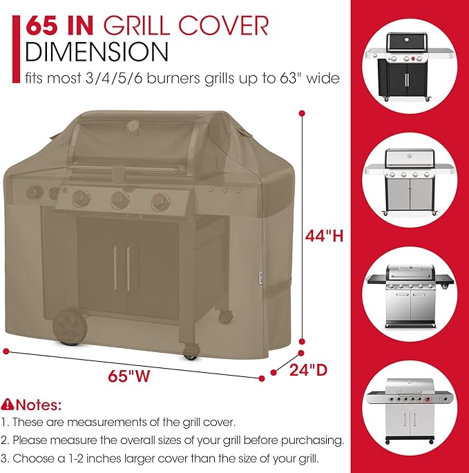 Unicook 65 Inch Grill Cover, Heavy Duty Waterproof Gas Grill Cover for Outdoor, Fade Resistant Barbecue Protector with Sealed Seam, Fits Weber Char-Broil Nexgrill BBQs up to 63" Wide, Neutral Taupe