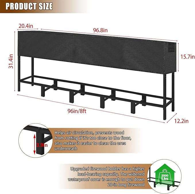 KYATE 8ft Firewood Rack Outdoor with Adjustable Cover Fireplace Wood Storage Indoor Heavy Logs Stand Stacker Holder Strong Lumber Racks Outside for Courtyard Patio