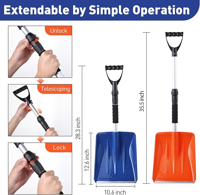 Kids Snow Shovel Snowman Maker Portable Snow Removal Winter Emergency Tools for Car Driveways Use with Extendable Handle Foam Grip Aluminum Wear Strip