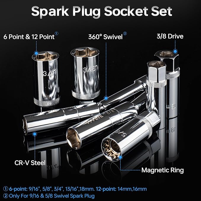 10PCS Full Magnetic Spark Plug Socket Set with 3/8" Drive Torque Wrench (5-50 FT.LB/6.8-67.8Nm), Swivel Magnetic Spark Plug Removal Kit Includes 14, 16, 18mm& 9/16, 5/8, 3/4, 13/16 Inch Sockets