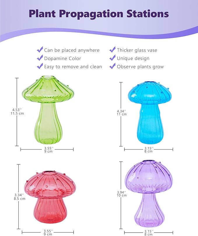 Nacome Mushroom Glass Propagation Station for Plants: Set of 8 Colored Vases Terrarium Kit for Home Office Indoor Hydroponics Decor - Birthday Gifts for Women Mom Grandma