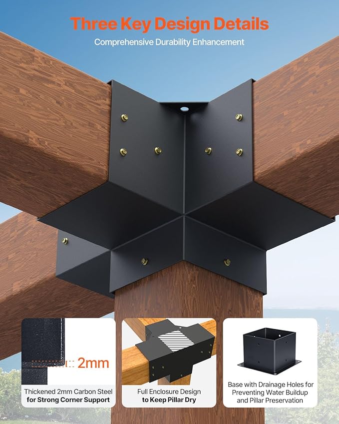 VEVOR Pergola Bracket Kit, 6x6 Inch (Inner Size 5.5x5.5), 2 Pcs 4-Way Heavy Duty Corner Bracket Woodworks DIY Post Base Kit, Easy Installation Wooden Beams for Gazebos, Patio Pergolas, Log Cabin
