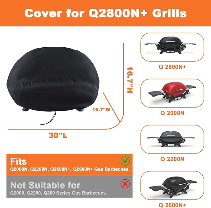 Grill Cover for Weber Q2800N+, Q2000N, Q2200N, Q2600N+ Gas Barbecues, 600D Heavy Duty Waterproof UV Resistant Bonnet Cover for Weber Q, Outdoor Barbeque Grill Accessories